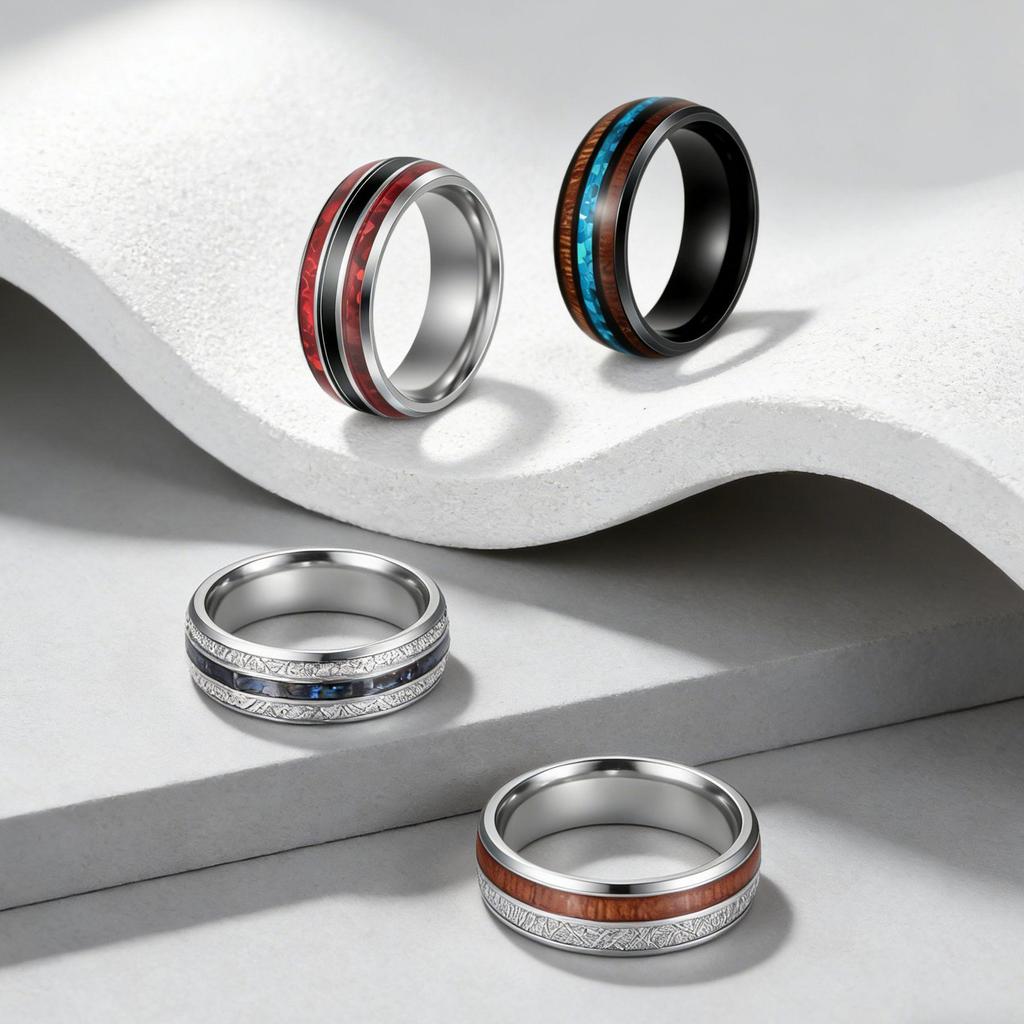 Men's Titanium Steel Ring with Acacia Wood & Abalone Shell Inlay