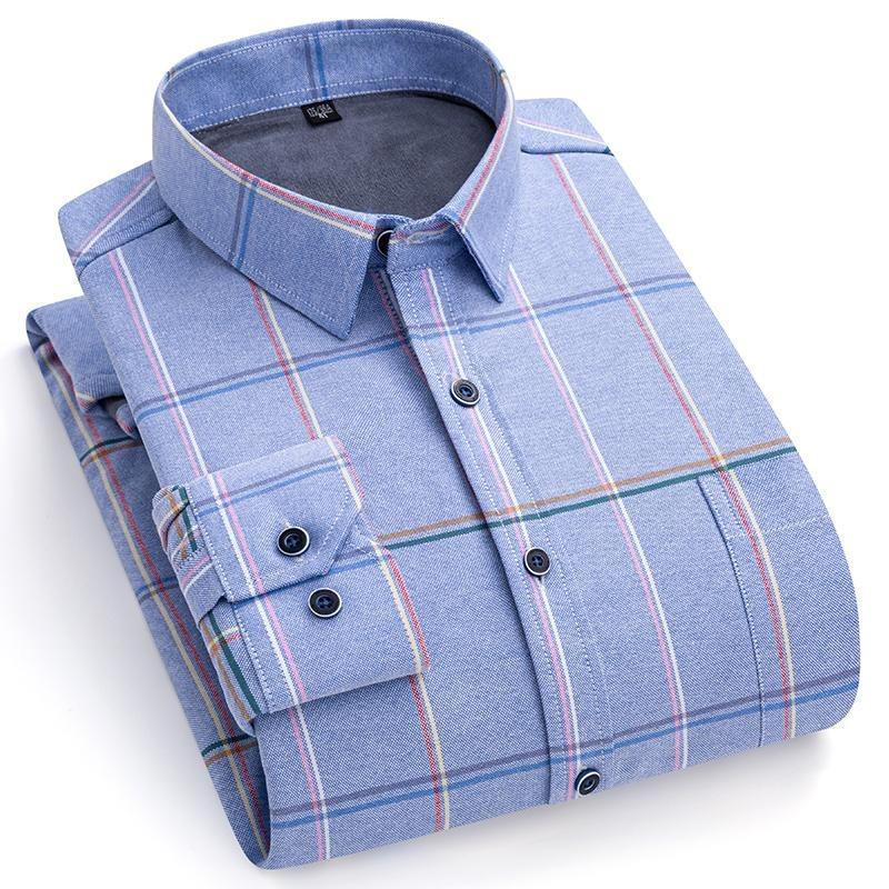Men Plaid Themal Shirts Long Sleeve Business Casual Male Striped Shirt for Winter Warm Checked Design