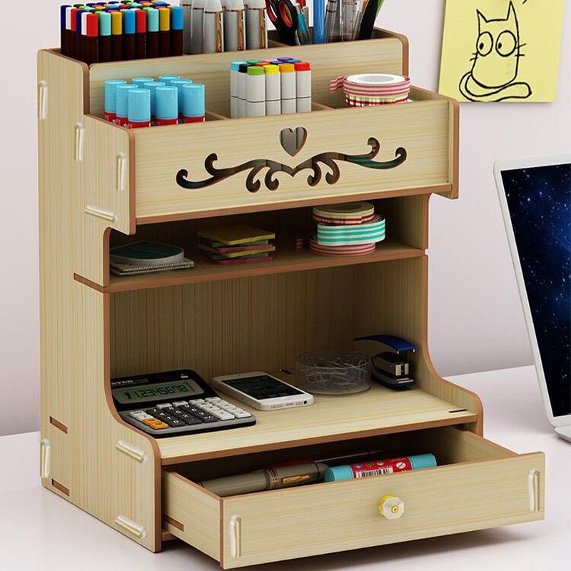 Wooden Desk Storage Shelf Multi-function Drawer Desk Organizer Office Desktop Display Shelf Pen Holder Stationery Storage Box