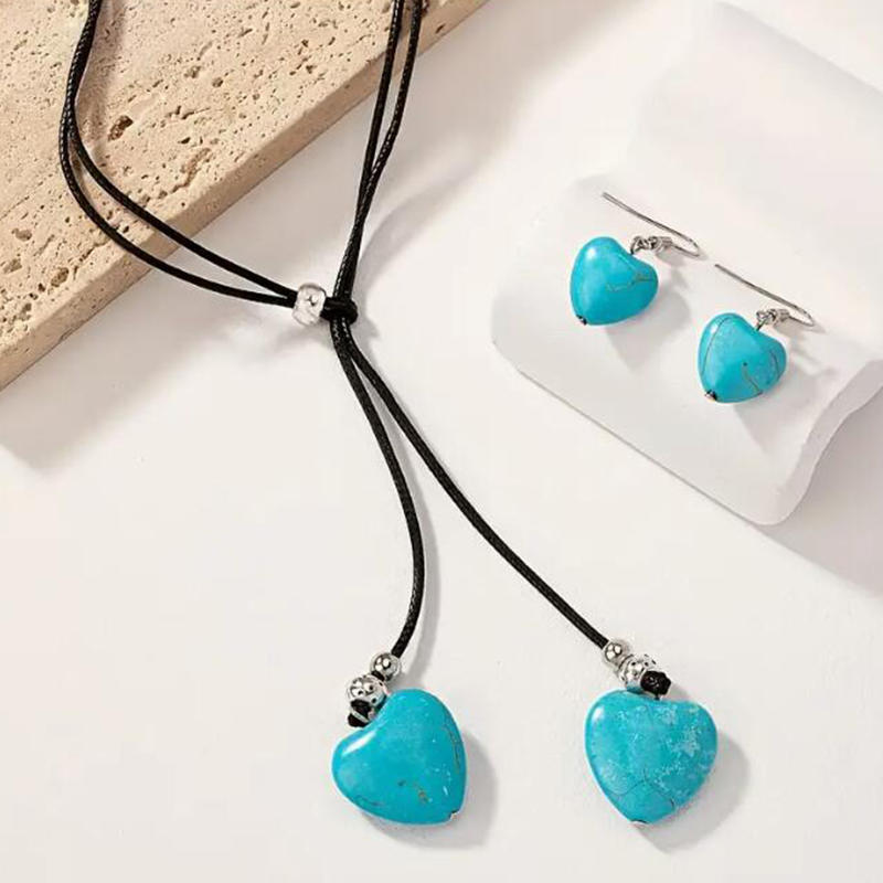 Women Fashion Stone Pendant Necklace Earrings Set Charming Love Round Shape Pendant Necklace