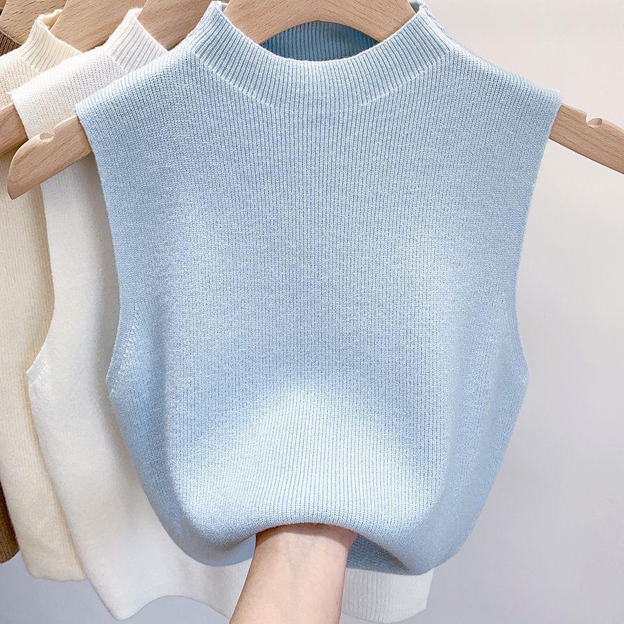 Chic Summer Knitted Sleeveless Vest: Women's Half-High Collar Camisole - Ideal for Inner or Outer Wear.