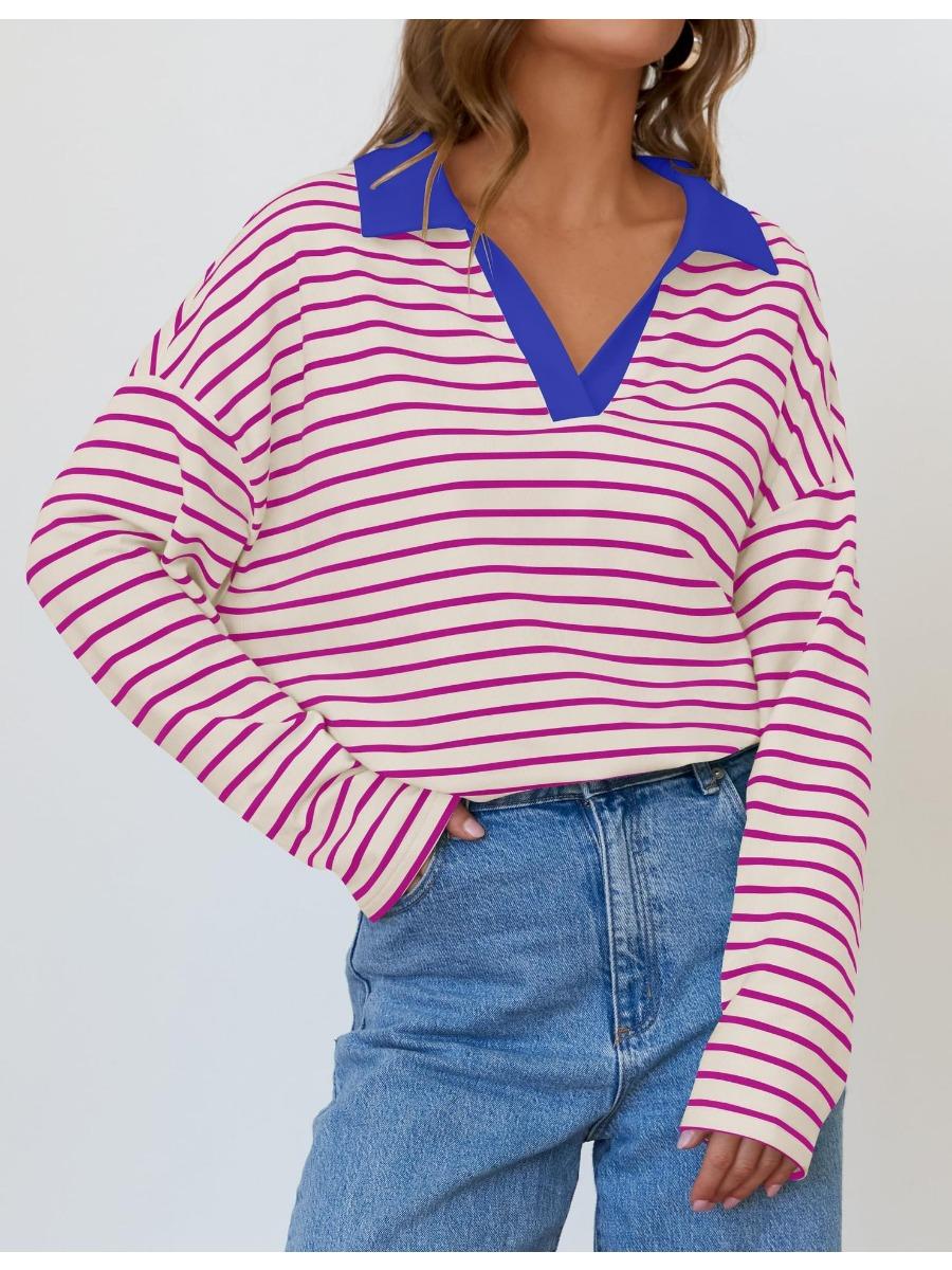 Женская осенняя полосатая футболка свободного покроя с длинными рукавами и V-образным — фото 15