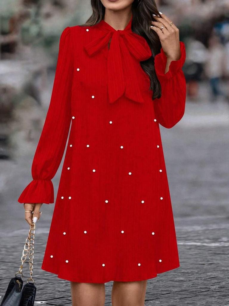 Women's Spring New Tie-up Beaded Long Sleeve Loose Solid Color Dress