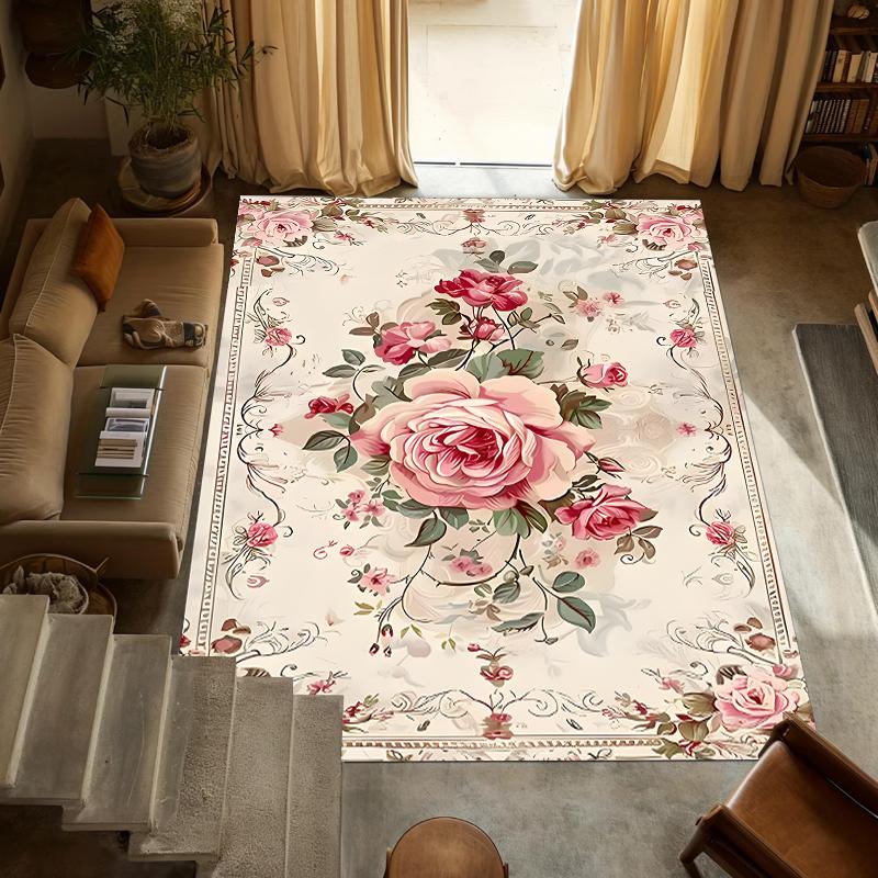 

French Vintage Pink Rose Living Room Rug, Floral Botanical Non-Slip Floor Mat, Shabby Chic Home Decor Carpet Rugs Living Room 50cm x 80cm