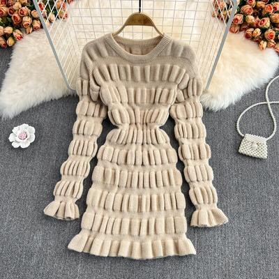 Vintage Women's Dress Korean O-neck Long Sleeve Knit Dresses Female 2021 Autumn Winter