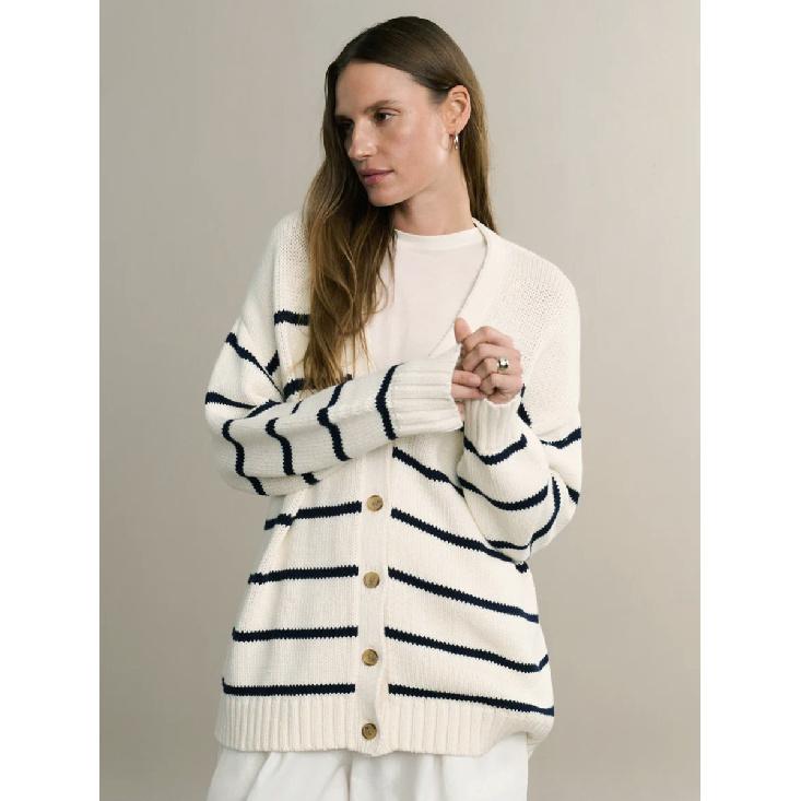 Women'S Striped Knit Cardigan V-Neck Cotton Thickened Warm Loose Fit Autumn Winter Sweater