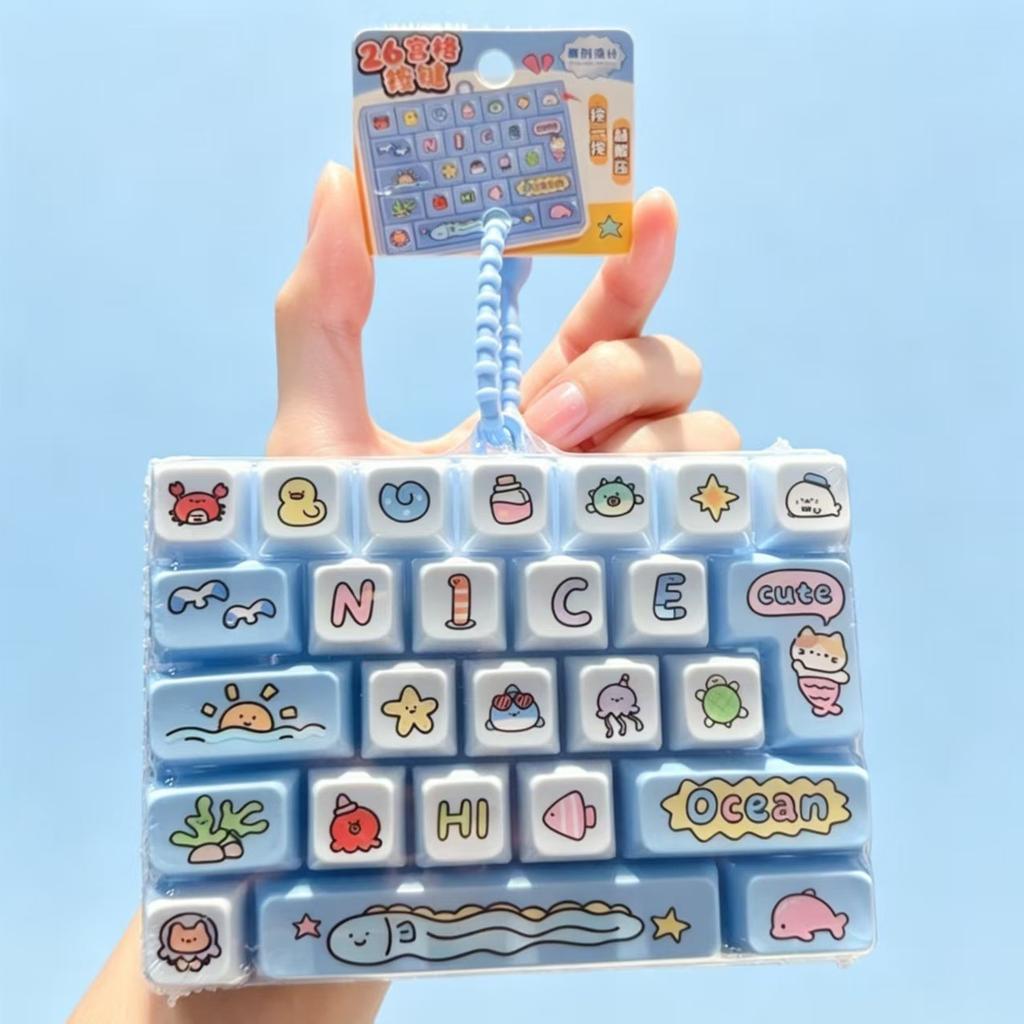 Funny 26 Grid Keyboard Keycap Clicker Keychain Fidget Push Squeeze Stress Anxiety Relief Decompression Sensory Bag Charm Gift
