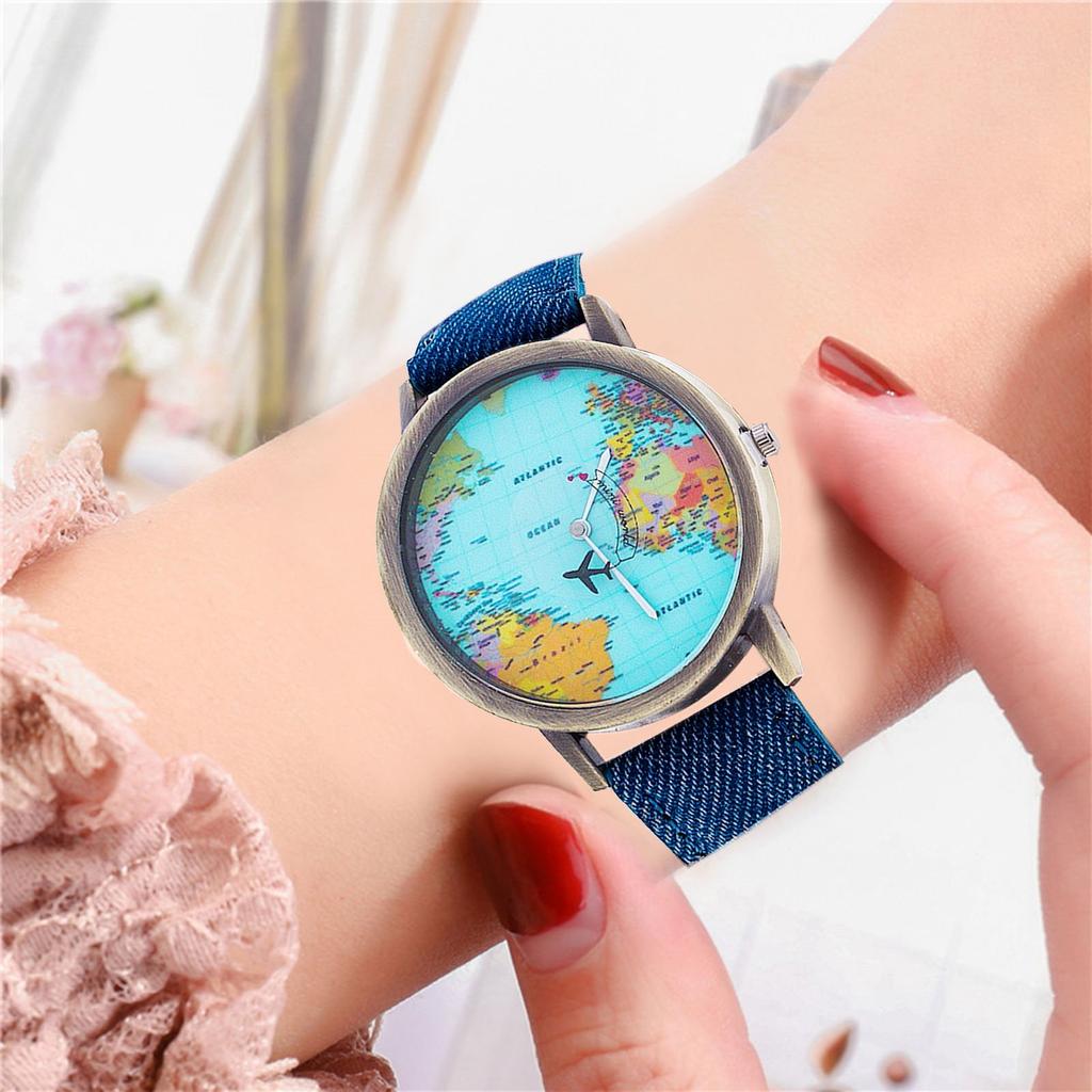 Fashion Retro Belt Quartz Watch Airplane Second Hand Map Watch Unisex