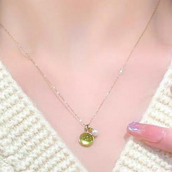 Elegant Peridot & Pearl Necklace Set for Women - Versatile Pendant & Clavicle Chain with Bracelet