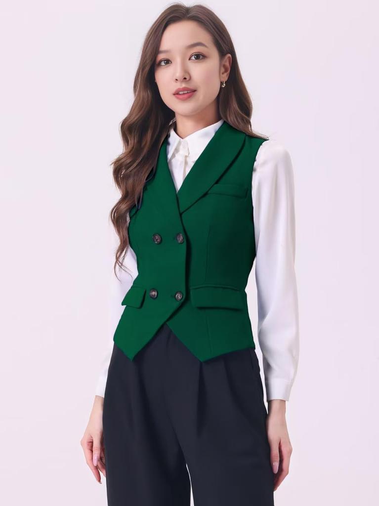 Allegra K Women's Elegant Double-Breasted Sleeveless Suit Vest in Dark Green, Size M