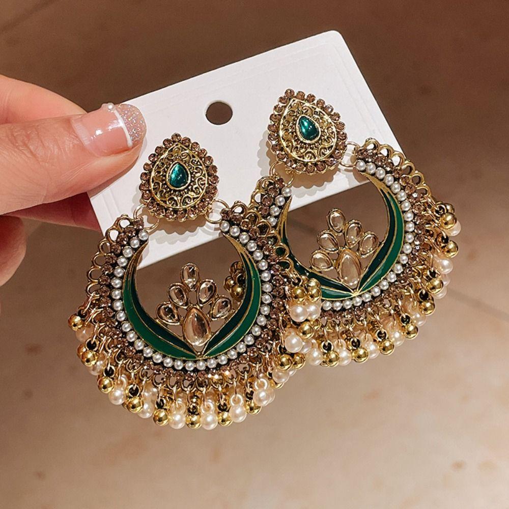 Rhinestone Tassel Water Droplet Earrings Beaded Tassel Exaggerated Tassel Earrings  Party