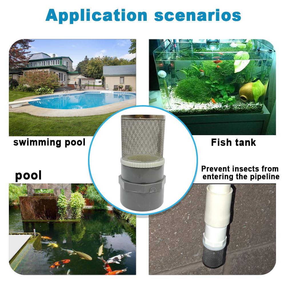 1 inch Stainless Steel Filter Cover Connected to 1 inch/DN25 Grey PVC Filter Water Pipe, Vent Cap Suction Strainers Used to Remove Debris and Reduce
