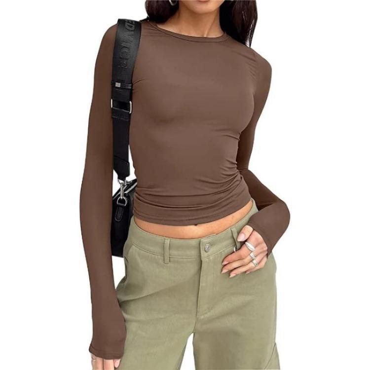 Women Slim Fit Long Sleeve Crop Top Casual Solid Color Basic Tee Streetwear Pullover Shirts for Spring Autumn Fashion