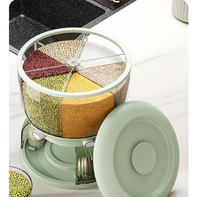 6-Grid Rotating Grain Dispenser Bulk Cereals Rice Barrels Separated Jars Sealed Insectproof Rice Tank Container Kitchen Storage