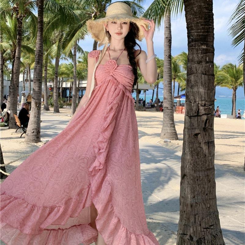 Women's Summer Vintage Solid Colour Irregular Holiday Temperament Halter Dresses