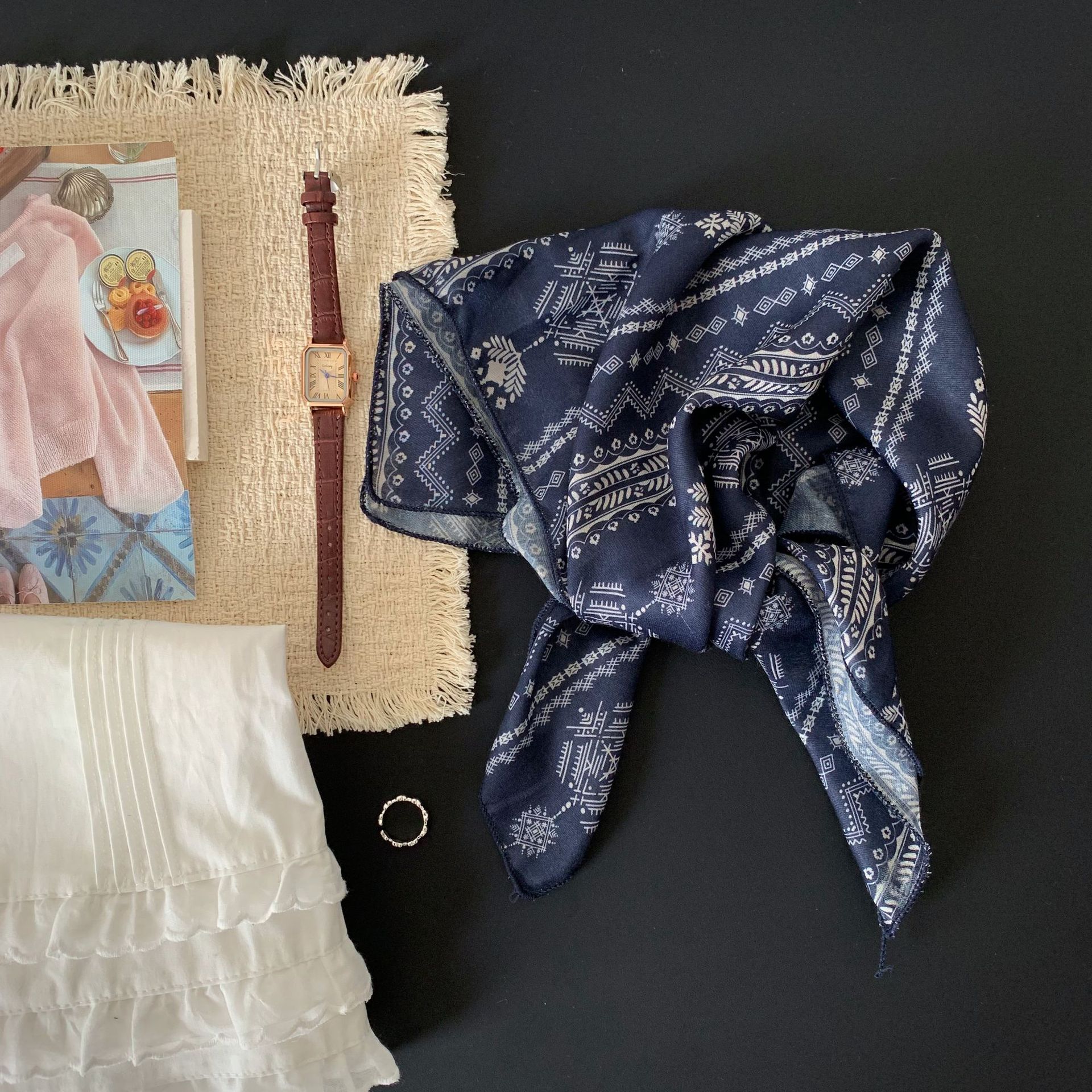 Korean retro 53 small square scarf summer French literary decoration cotton and linen silk scarf women s thin hair tied cashew nut headscarf scarf 53-53