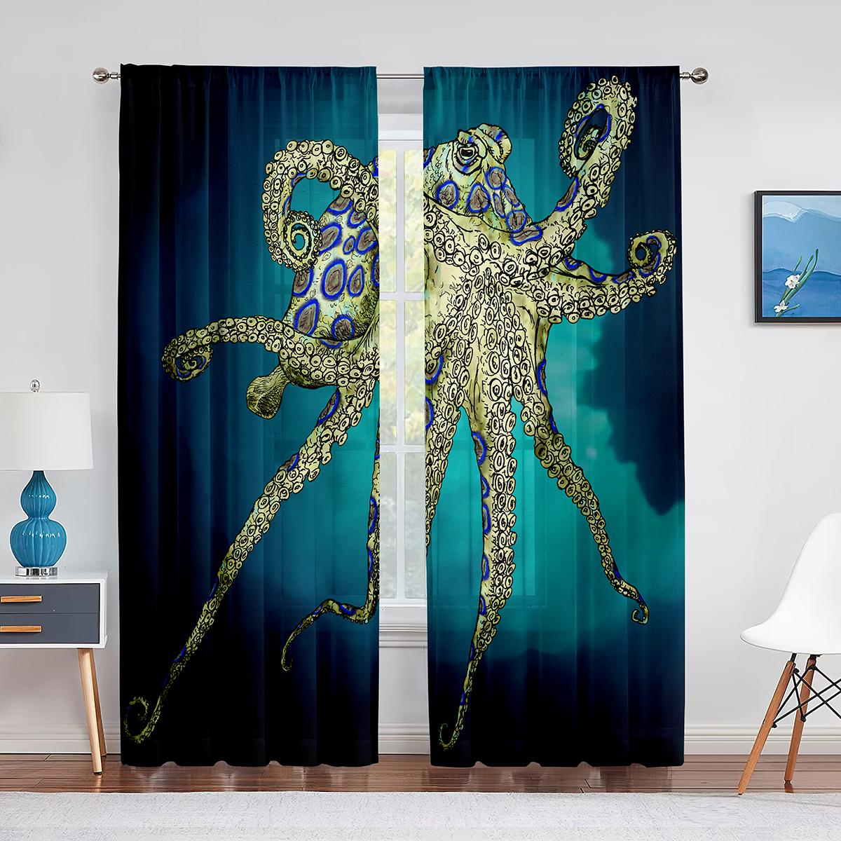 

Океан Кракен, синие щупальца осьминога, морская жизнь, тюлевые шторы для гостиной, спальни, прозрачная вуаль, оконные шторы, вечерние шторы 1 PCS W100XH250cm&Grommet Top