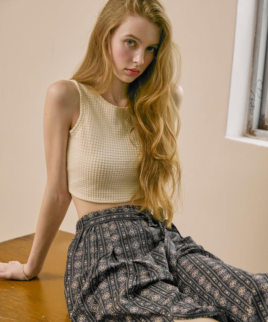 VIKINI VENDER Amira Waffle Back Ribbon Sleeveless Crop Top