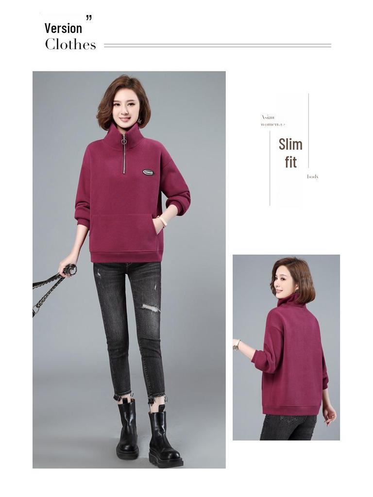 Women's Plus Velvet Thickened Half-Zip Pullover - 2023 Autumn/Winter Fashionable Loose Stand-Up Collar Sweatshirt