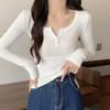 Simple solid color U-neck button slim-fitting long-sleeved T-shirt spring femininity