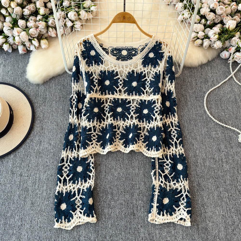 Lady Knit Sweater Long Sleeve Sheer Open-knit Crop Knit Top Pullover for Lady Teen-girl Fall Winter Boho Beach Outfit XL 1670₽