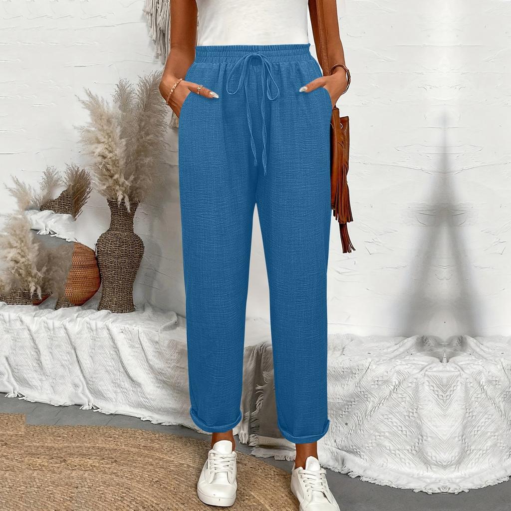 Drawstring Waist Slant Pockets Pants Casual Loose Tapered Pants For Spring  Summer  Women's Clothing