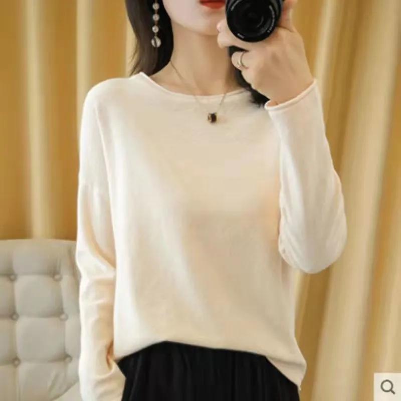 

Хлопковый женский вязаный свитер с фестончатым краем, пуловер с круглым вырезом, базовый свитер из чистого хлопка, весенне-осенние топы, одежда S бежевый