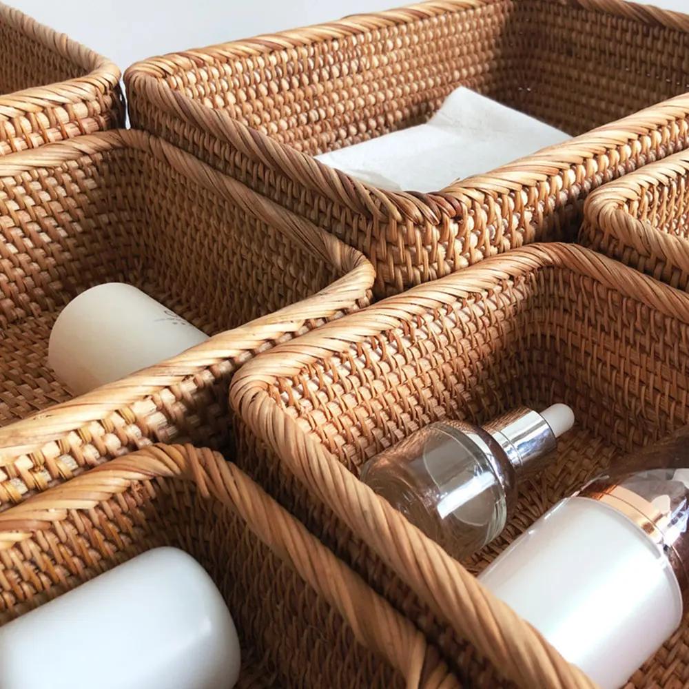 Hand-Woven Rectangular Rattan Wicker Basket Fruit Tea Snack Bread Picnic Cosmetic Storage Box Kitchen Supplies Household Tools