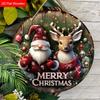 Santa Gnome Reindeer Merry Christmas Round Flat Wooden Hanging Sign