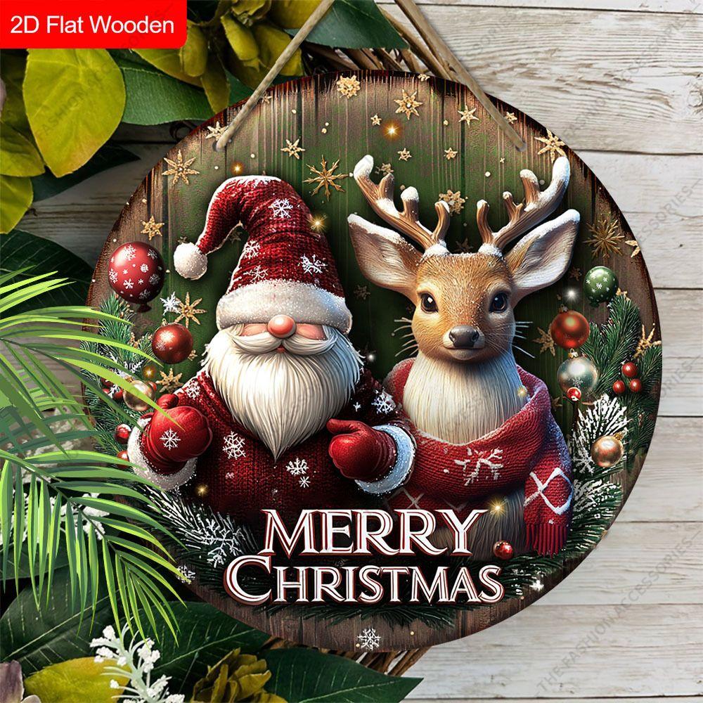Santa Gnome Reindeer Merry Christmas Round Flat Wooden Hanging Sign