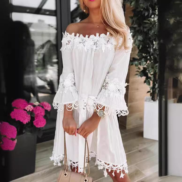 2024 European & American Off-the-Shoulder Lace Trim Dress