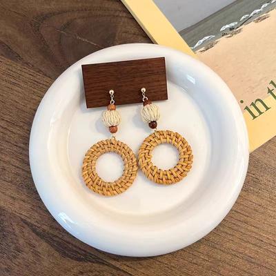 Vintage Round Rattan Weave Earrings For Women Exaggerated Large Circle Geometric Dangle Earrings Vacation Jewelry Accessories