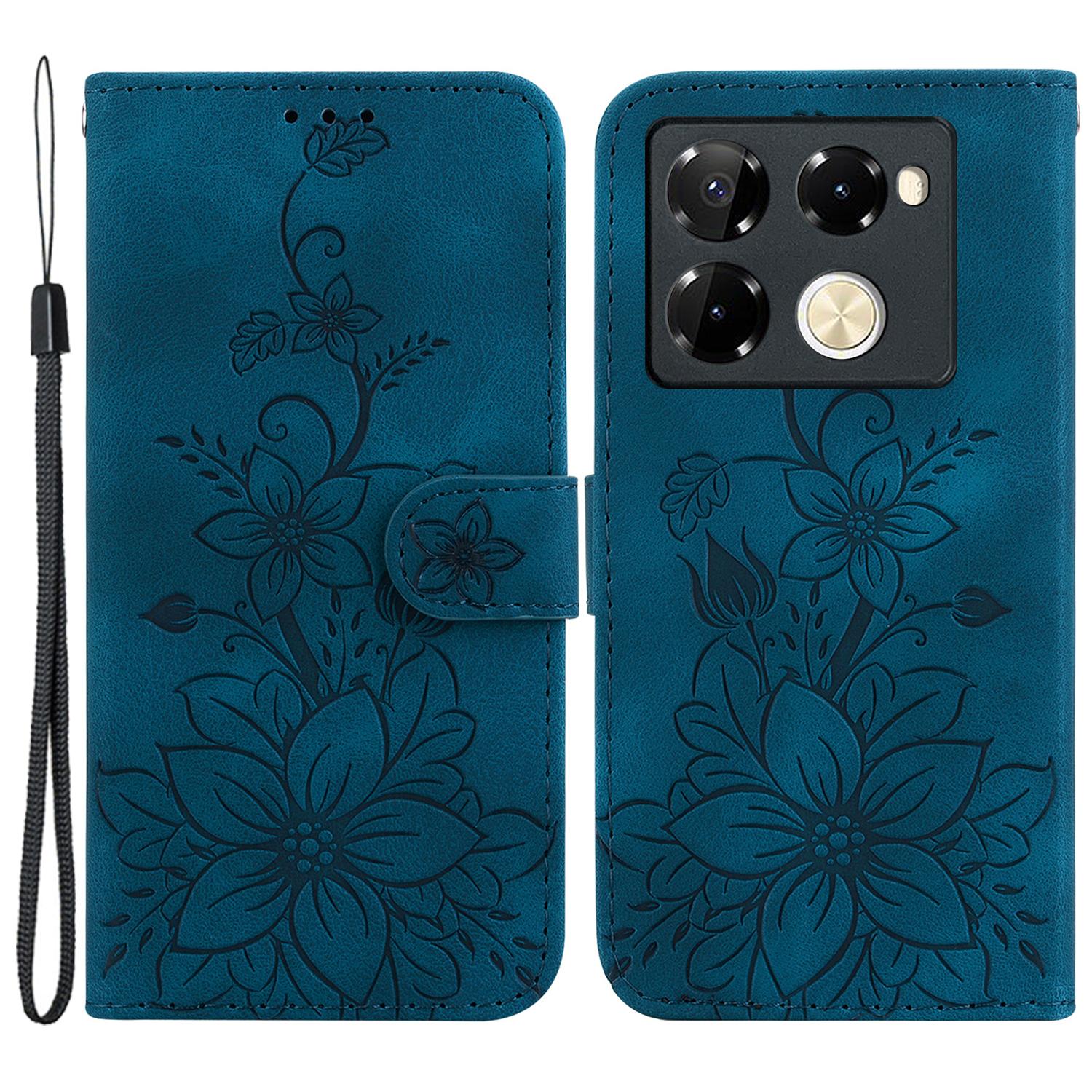 

For Infinix Note 40 Pro 5G/Note 40 Pro+ Case Lily Flower PU Leather Stand Phone Cover Dark Blue