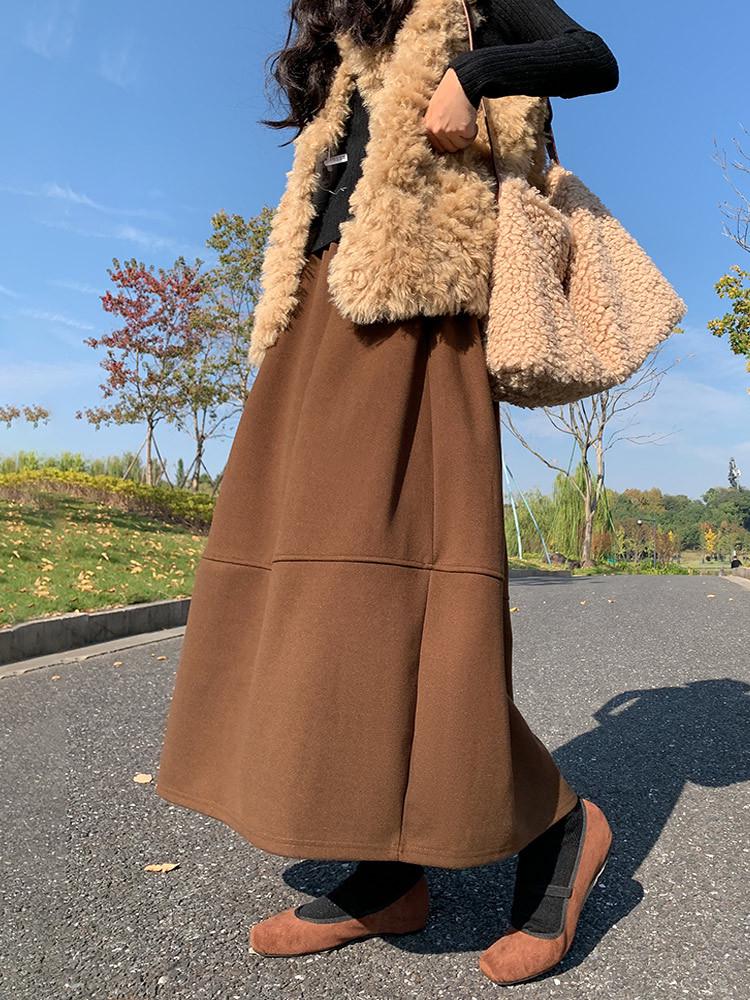 Women's A-Line Brown Plaid Wool Skirt - High Waist, Loose Mid-Length, Warm Floral Design, 2026 Early Spring Collection