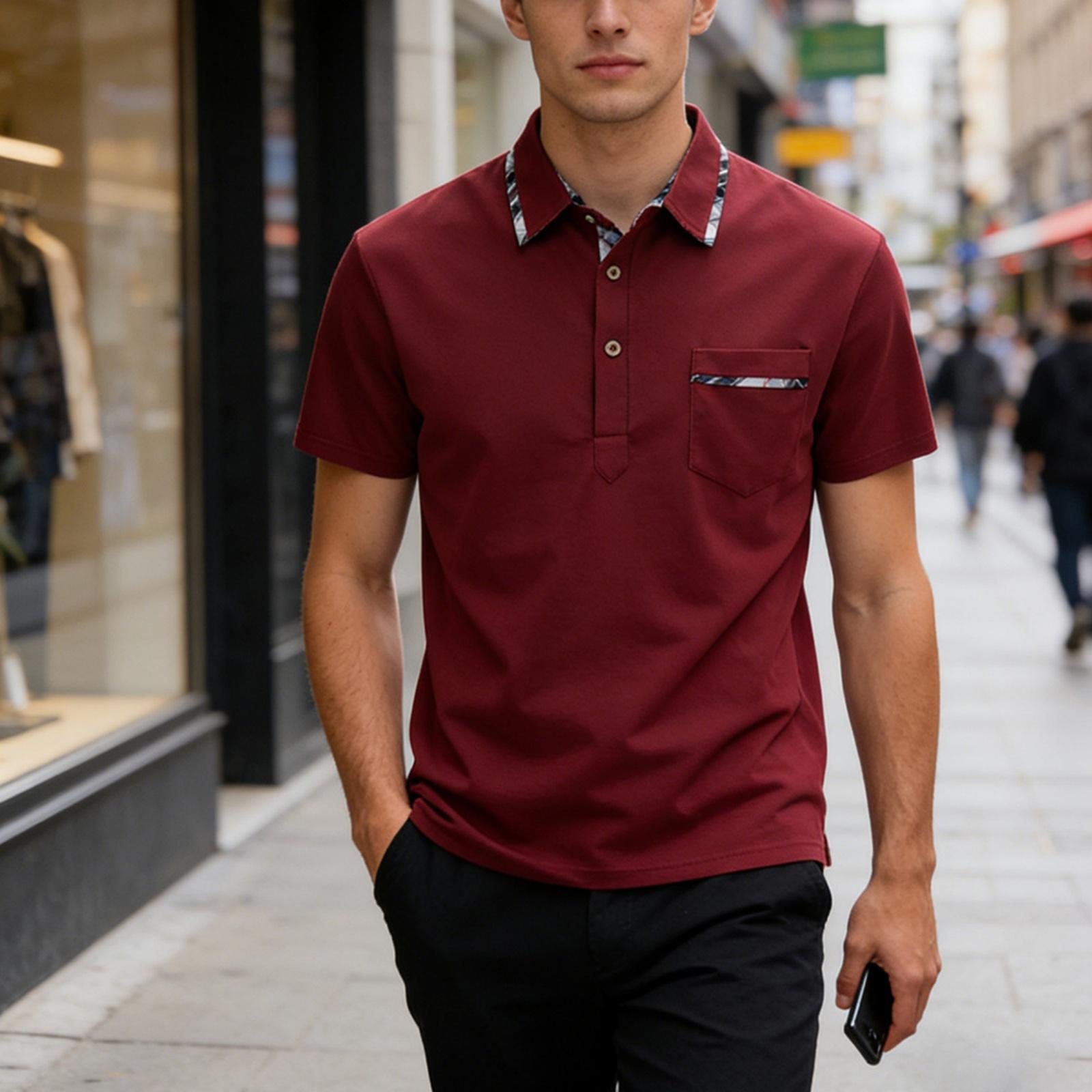 Men s Collared Shirt  With Pocket  Casual Short-sleeved Shirt S винный