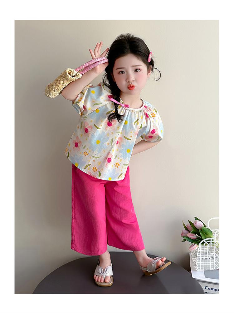 Girls' summer outfit set 2026 new stylish baby summer short sleeved wide leg pants two-piece set children's clothing