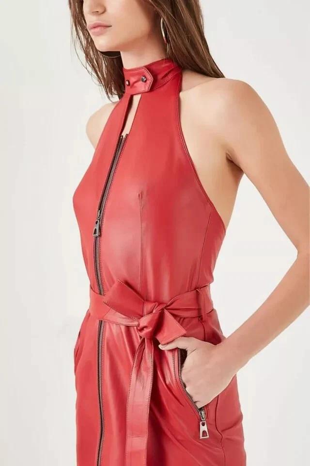 Nové dámské kožené šaty na zip červené ručně šité z měkké jehněčí kůže stylový trendy outfit