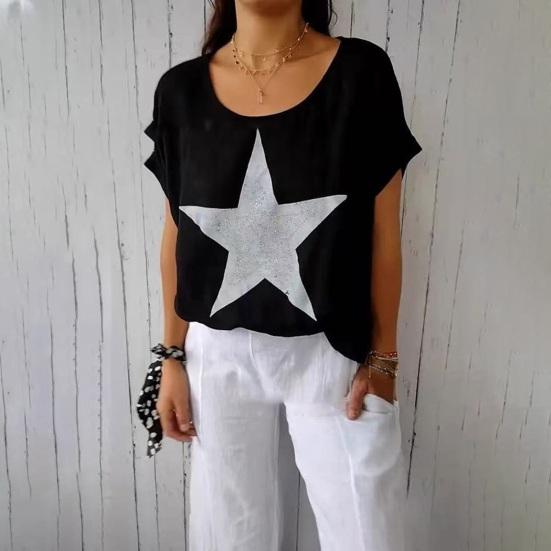 Dam Sommartoppar Kortärmad Rundhals T-shirt Hot Drill Stjärntryck Lös Passform Casual T-shirt Daglig Användning