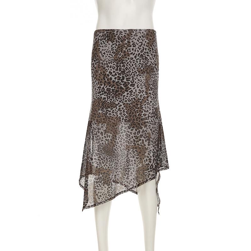 Podzim/Zima 2024 Evropský a Americký Styl Síťovaná Nepravidelná Dlouhá Sukně s Leopardím Vzorem