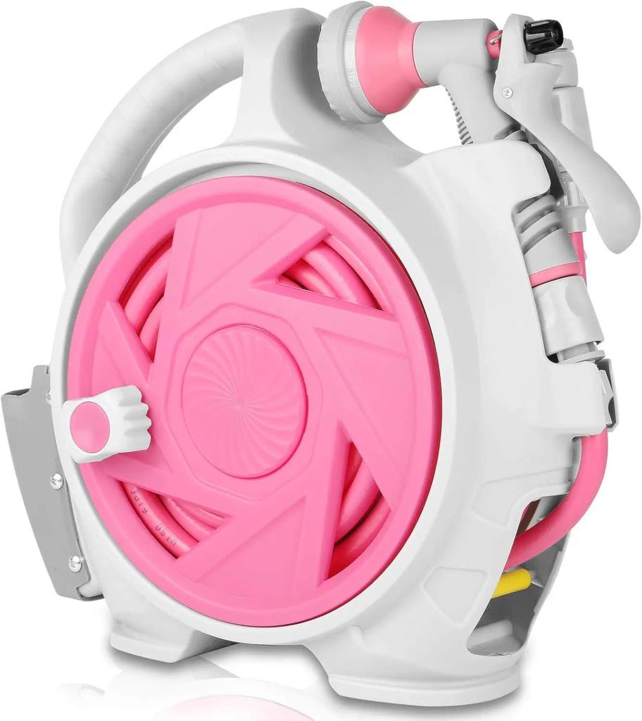 46FT Pro Garden Hose Reel 7 Pattern Nozzle Adjustable Wall Mount Precision Length Lock Water Saving Design for Lawn Bed Cleaning