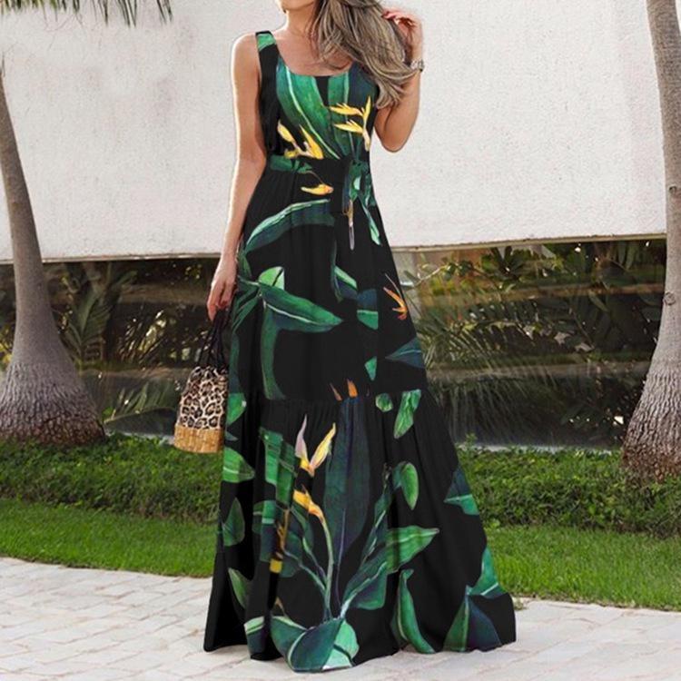 Summer Casual Long Dress with Belt European American Print