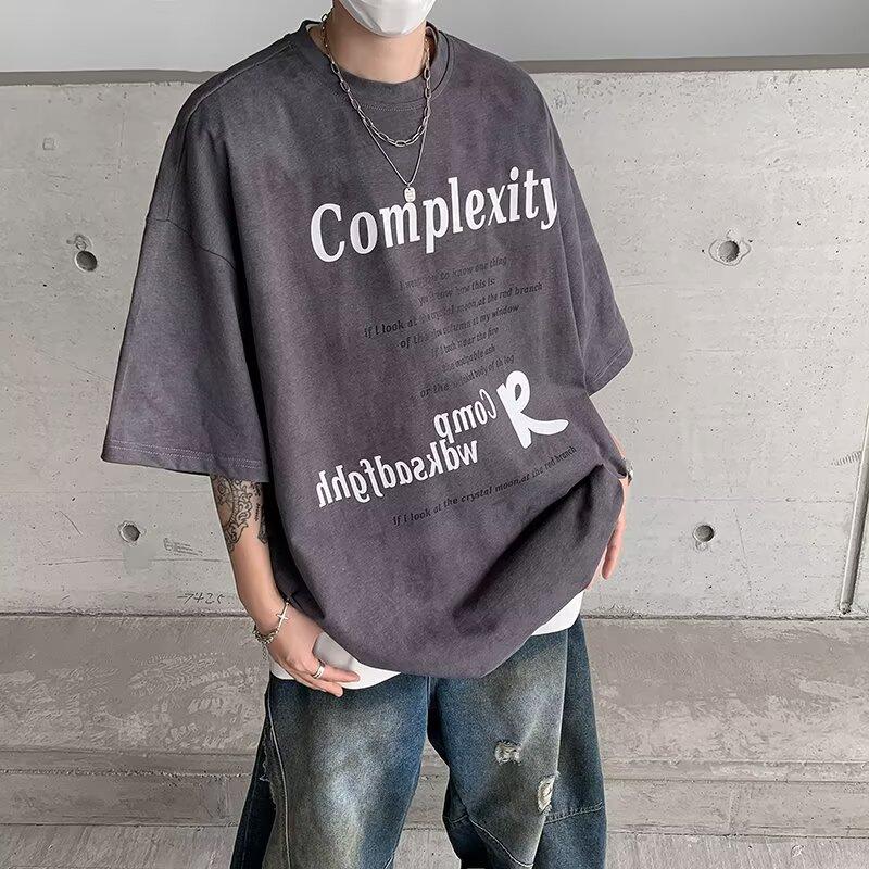 

Летняя американская ретро-печать с коротким рукавом, мужская модная рабочая рубашка с круглым вырезом, свободный крой 3XL темно-серого