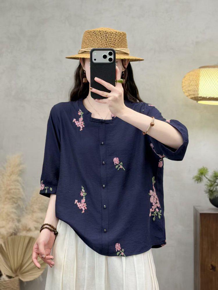 2026 Spring/Summer Women s Artistic Linen Embroidery Round Neck Single-Breasted Loose Slimming Retro Top 3XL (60-67.5 kg)