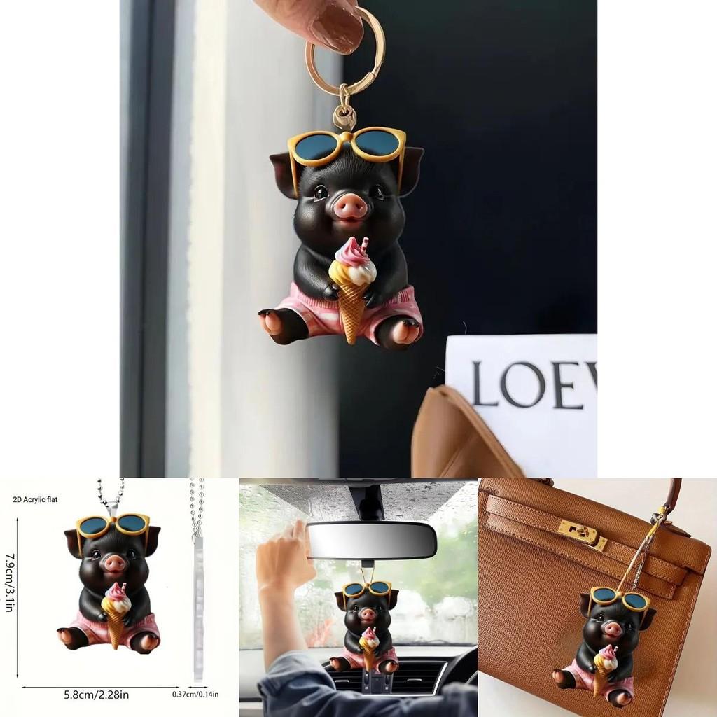 Black Creative Pig Acrylic Car Pendant For Quirky And Stylish Decor Vehicle