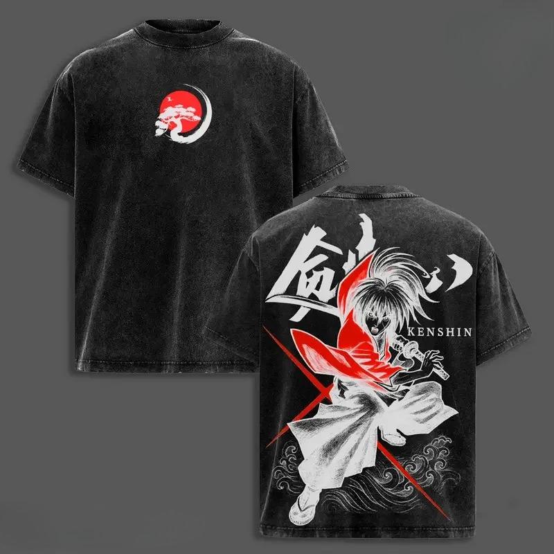 

Kenshin Himura Print T-shirt Anime Rurouni Kenshin Clothing Men Short Sleeve Tshirts Retro Washed T Shirt Harajuku Cotton Tops XXL