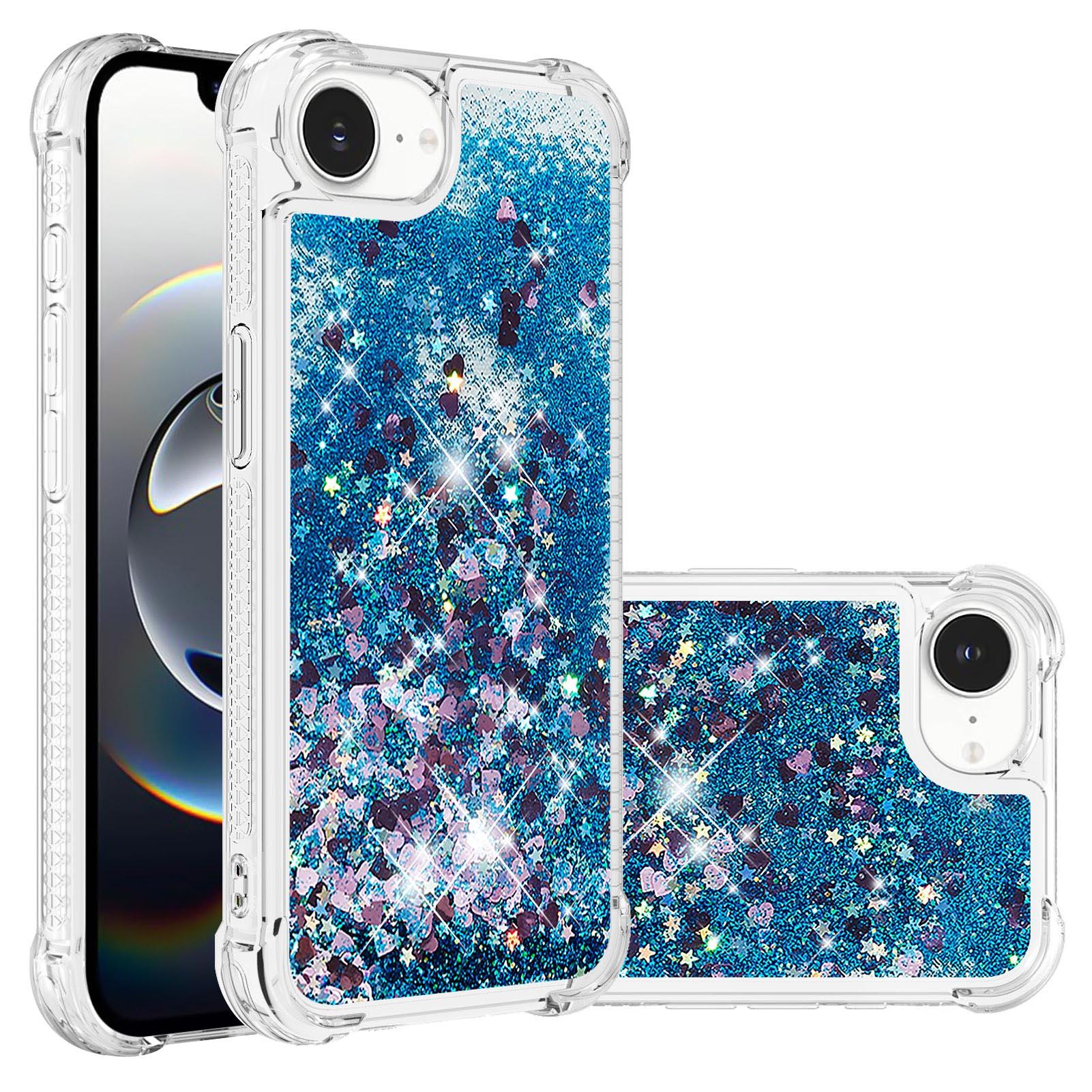 

For iPhone 16e TPU Case Glitter Quicksand Shockproof Phone Back Cover Blue/Hearts