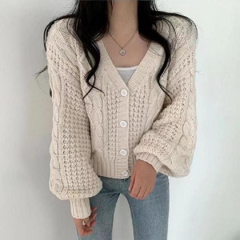 

Solid color v-neck twist knitted sweater college style autumn and winter coat soft waxy lazy style cardigan casual 49-126 (average size) бежевий