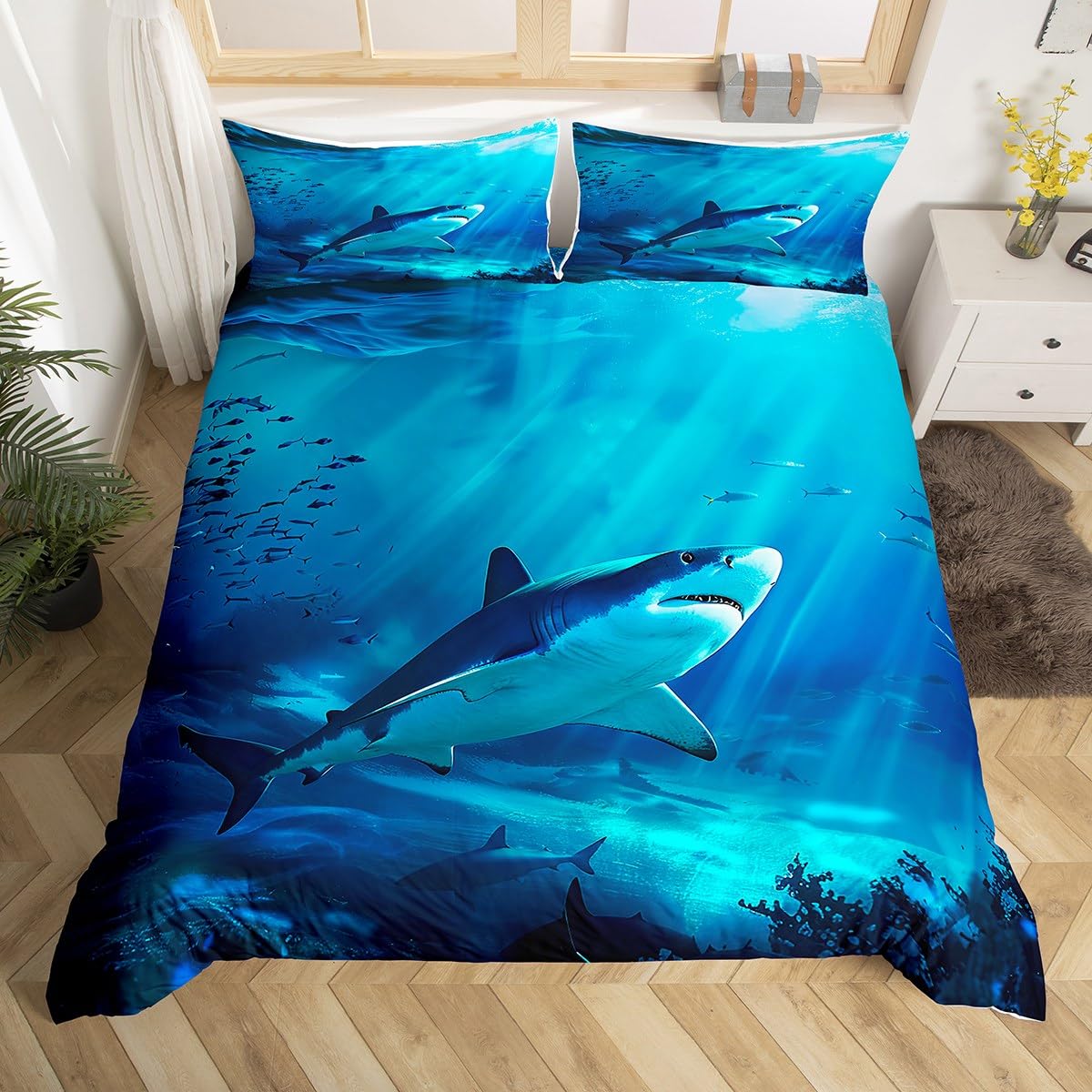 

Пододеяльник Queen Акула Морская жизнь Покрывало Синий и Белый Мультяшный Набор постельного белья Акула Морская тематика Одеяло EU single(135x200cm)