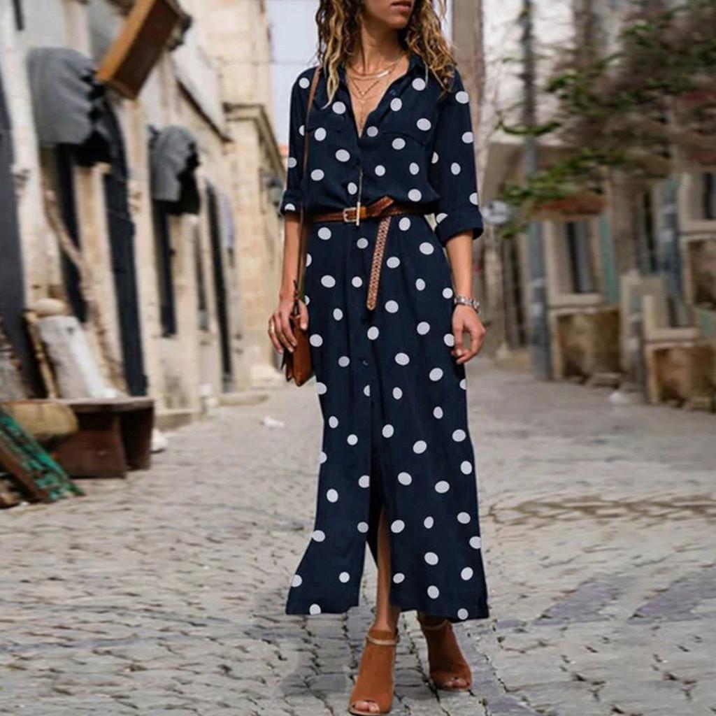 Women Summer Dot Print Long Sleeve Button Long Dress Party Beach Dress