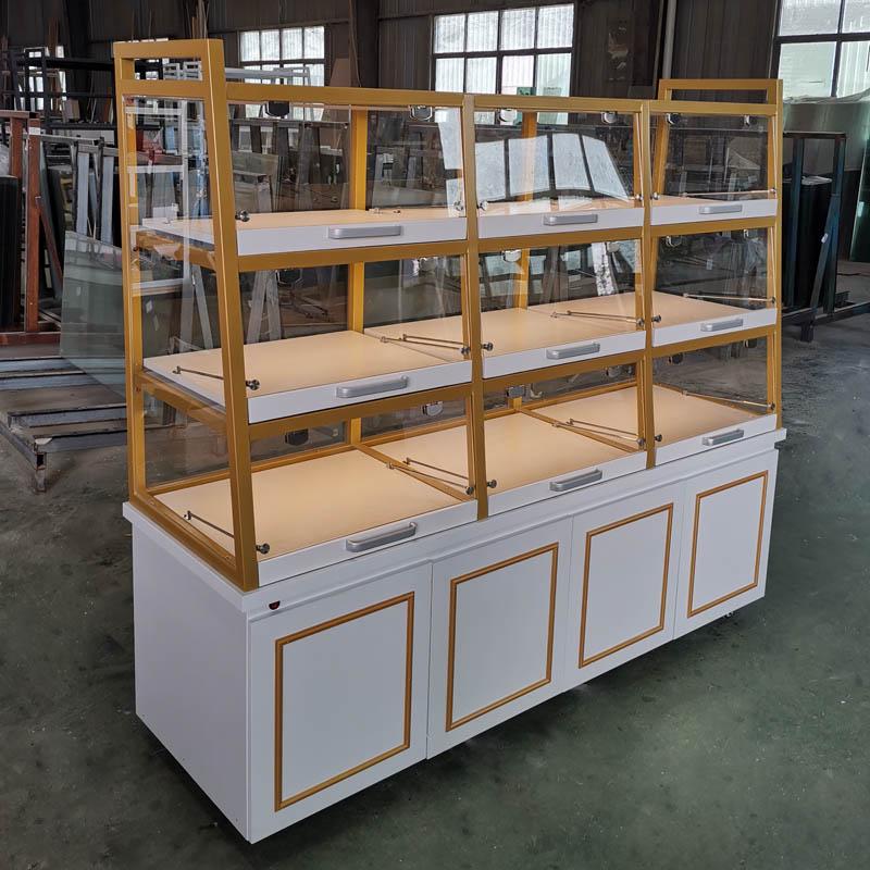 In-Stock Bakery Display Cabinet: Solid Wood & Wrought Iron Island with Drawers for Bread, Pastries, and Fried Goods